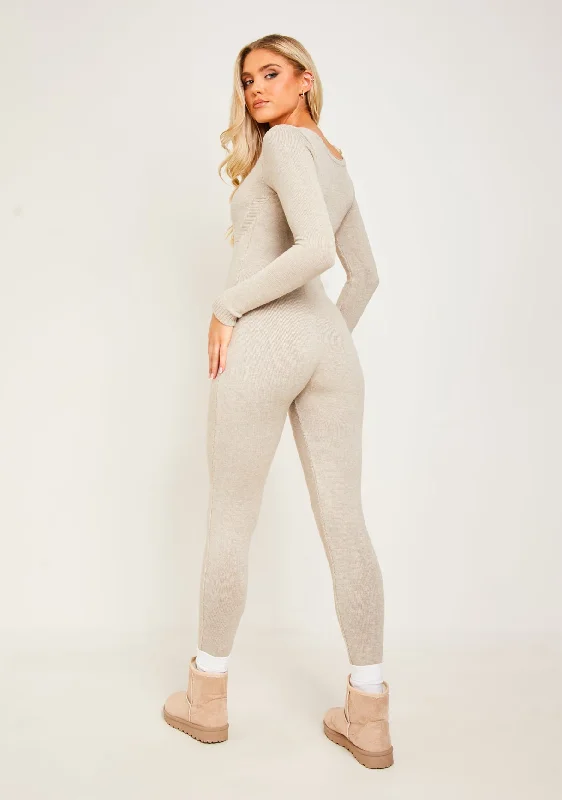 Belted Women's Cotton Blend Sweater Dresses for a Casual LookSavannah Oatmeal Knitted Long Sleeve Jumpsuit