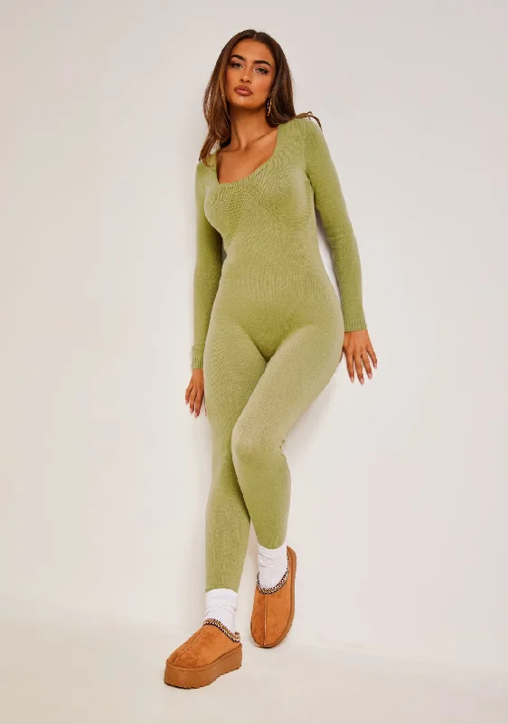 A - Line Women's Merino Wool Sweater Dresses in Classic StylesSavannah Olive Knitted Long Sleeve Jumpsuit