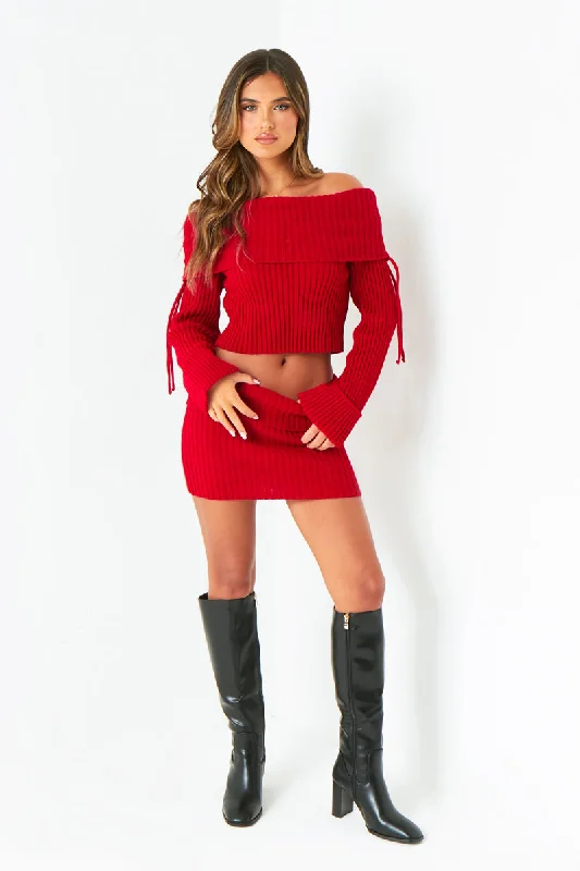 A - Line Women's Merino Wool Sweater Dresses in Classic StylesScarlette Red Knitted Fold Down Skirt