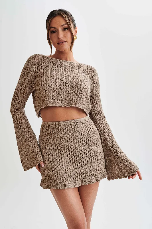 Women's Off - Shoulder Chunky Knit Sweater Dresses in Earth TonesSian Knit Long Sleeve Crop Top - Taupe