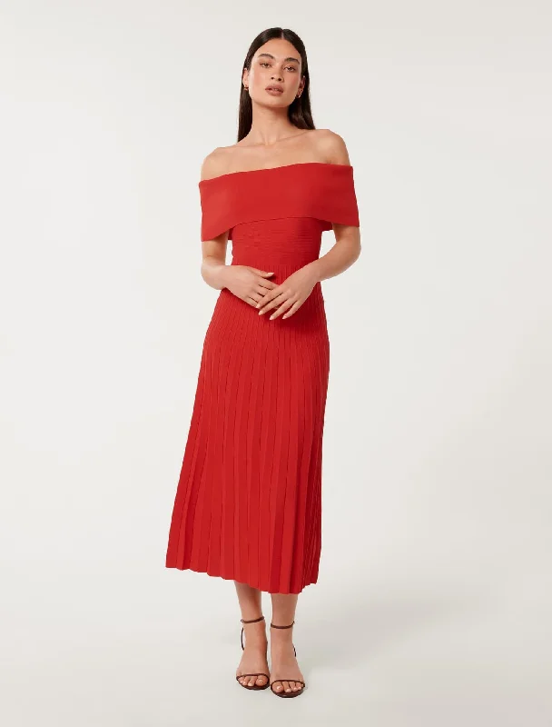 V - Neck Women's Ribbed Sweater Dresses with Belt for a Defined WaistSkye Bardot Knit Midi Dress