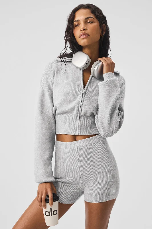 Plus Size Women's Asymmetric Hem Sweater Dresses in Modern DesignsScholar Knit Cropped Full Zip Jacket - Athletic Heather Grey