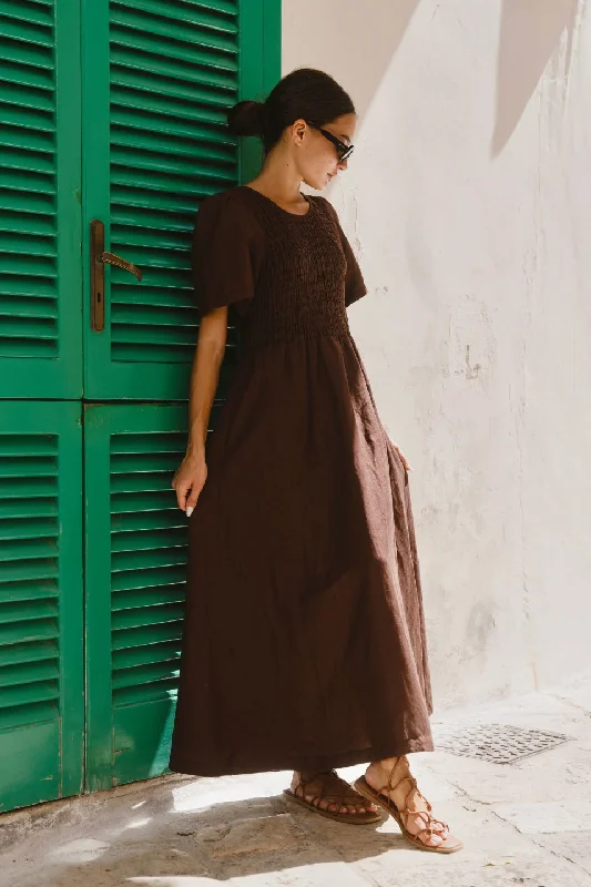 Ball Gown Women Dress with a Full Skirt for a Princess - like LookWren Chocolate Linen Blend SS Shirred Bodice Midi Dress