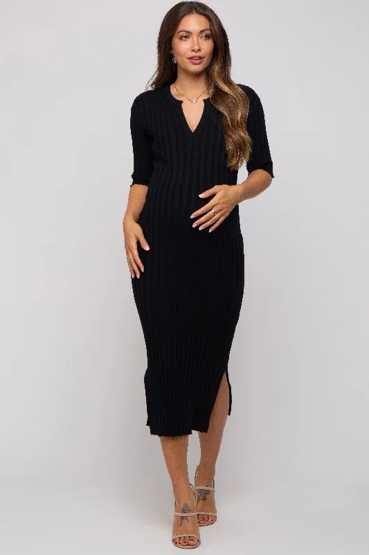 Midi dresses with ruffled bodices for a more pronounced feminine lookBlack Ribbed Knit Maternity Midi Dress