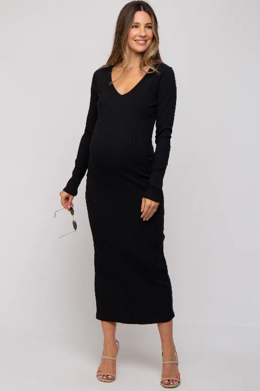 Midi dresses with pleated skirts for a timeless and elegant appealBlack Ribbed Long Sleeve Maternity Maxi Dress