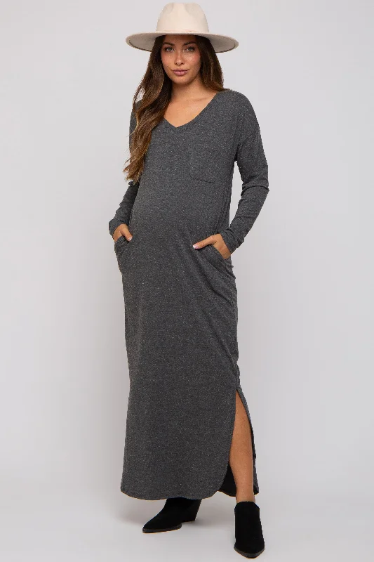 Midi dresses with polka dot prints for a playful summer outfitCharcoal Heathered Pocketed Long Sleeve Maternity Maxi Dress