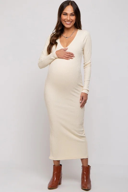 Midi dresses with abstract art prints for an artistic statementCream Ribbed Long Sleeve Maternity Maxi Dress