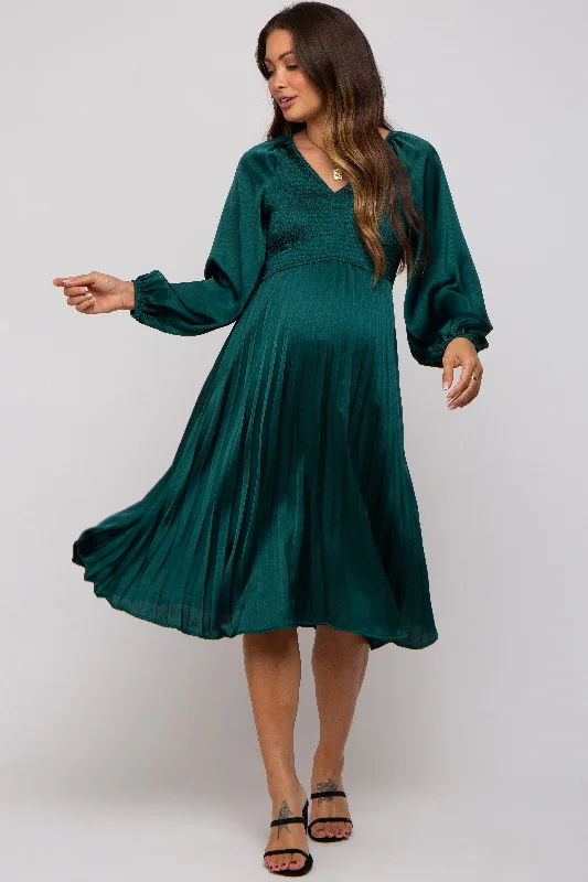 Sleeveless midi dresses with lace details for summer weddingsForest Green Satin Smocked and Pleated Maternity Midi Dress