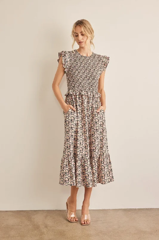 Midi dresses with puff sleeves for a vintage - inspired lookIn February Floral Smocked Ruffled Midi Dress