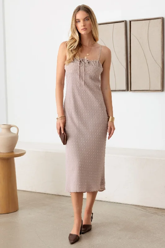 Midi dresses with keyhole backs for a flirty and unexpected detailLe Lis Swiss Dot Lace Detail Midi Cami Dress - Elegant Ruched and Tied Design