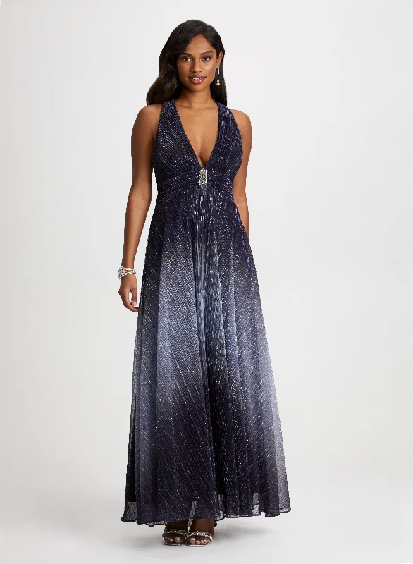 Midi dresses with ruffled sleeves for a more feminine and voluminous lookMetallic Crinkle V-Neck Gown