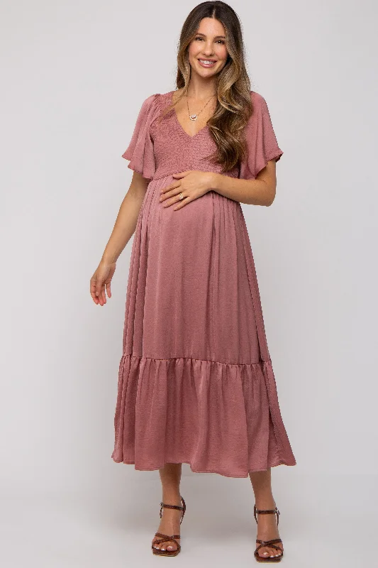 Midi dresses with ruffled bodices for a more pronounced feminine lookPink Satin Smocked Maternity Midi Dress