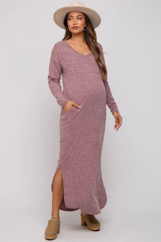 Midi dresses with cotton - blend materials for everyday comfortPlum Heathered Pocketed Long Sleeve Maternity Maxi Dress