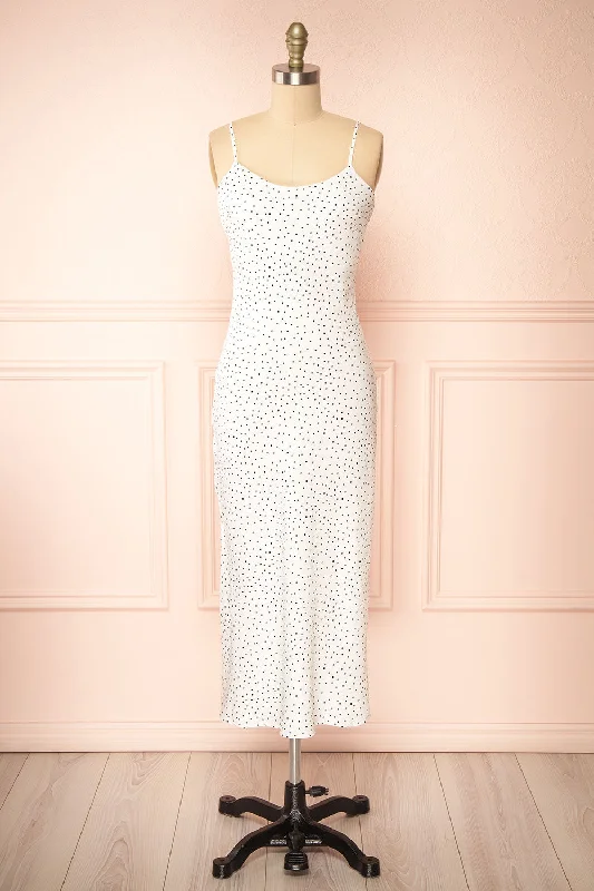 Sheath midi dresses with beaded embellishments for a formal occasionRebby Polka Dot White | Silky Fitted Midi Dress