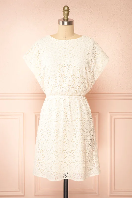 Midi dresses with halter necks for a stylish and comfortable optionSkileta | Lace Short Ivory Dress w/ Batwing Sleeve