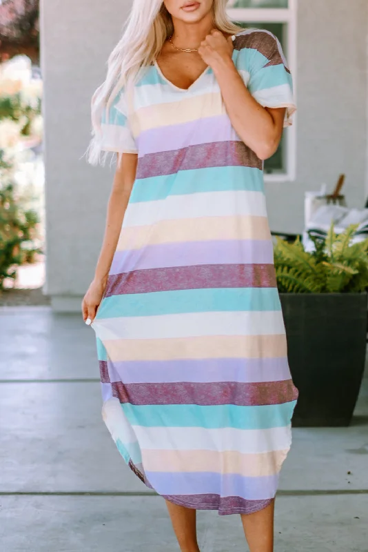 Midi dresses with one - shoulder designs for a modern and asymmetric styleStripe V-Neck T-Shirt Midi Dress