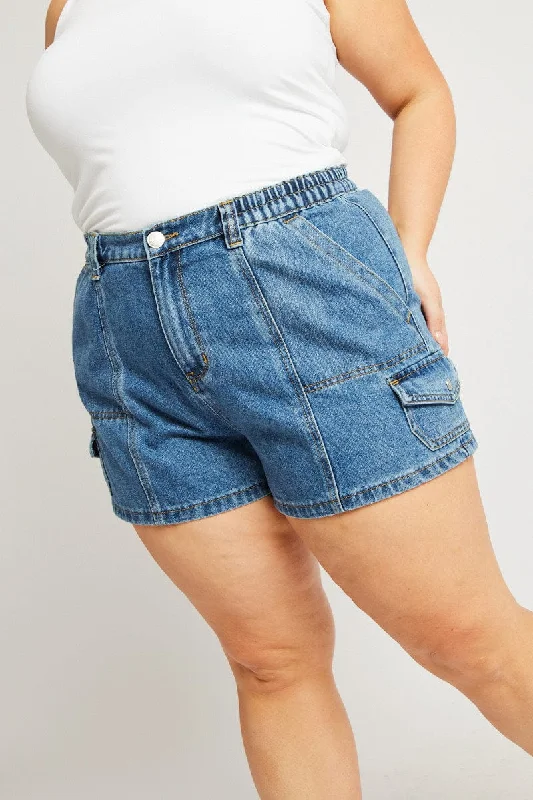 Denim Cargo Shorts High Rise