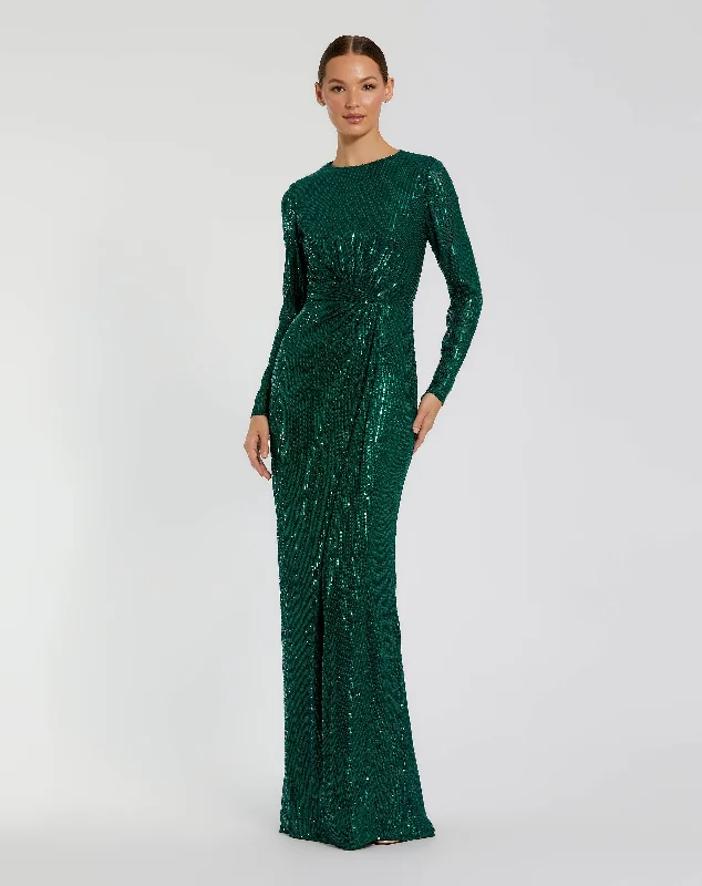 Maxi dresses with asymmetric hems and ruffled bodices for a fashion - forward and dynamic appearanceSequined Long Sleeve Side Knot Gown