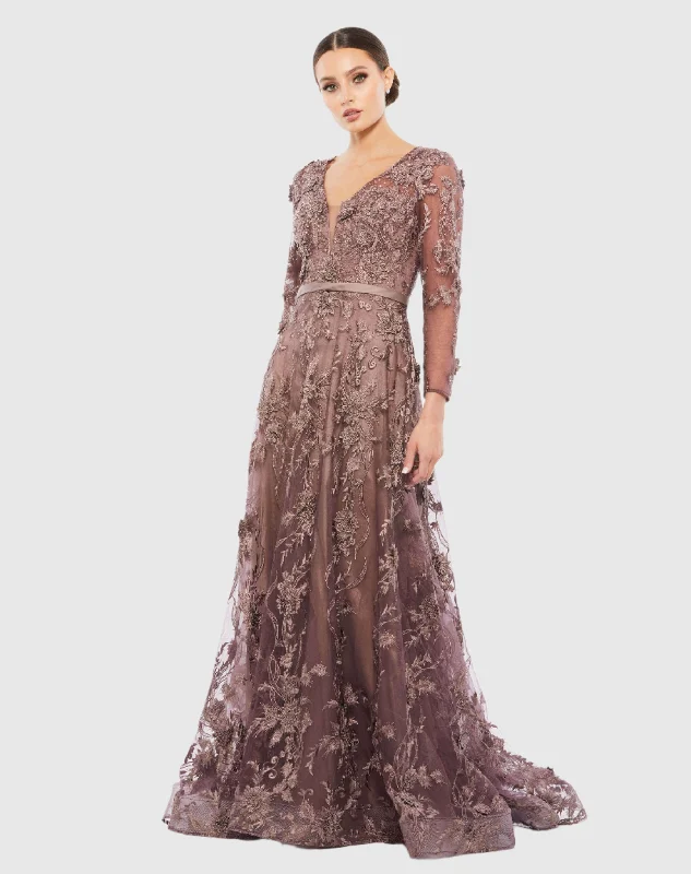 Maxi dresses with gathered bodices and wide - leg skirts for a comfortable and stylish silhouetteEmbroidered Long Sleeve Plunge Neck A-Line Gown