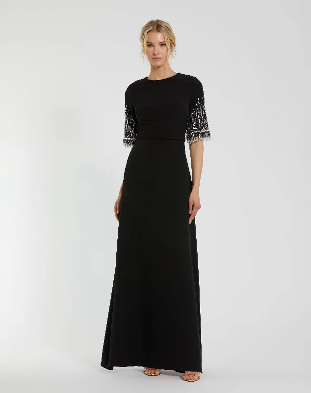 Maxi dresses with abstract print panels and sheer overlays for a modern and artistic lookCrepe A Line Gown With Beaded 3/4 Sleeves