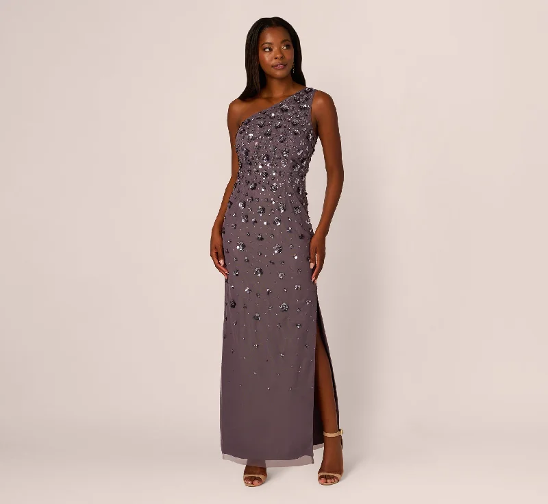 Maxi dresses with lace - trimmed sleeves and empire - style waists for a flattering and vintage look3D Floral Hand-Beaded One-Shoulder Long Column Gown In Moonscape