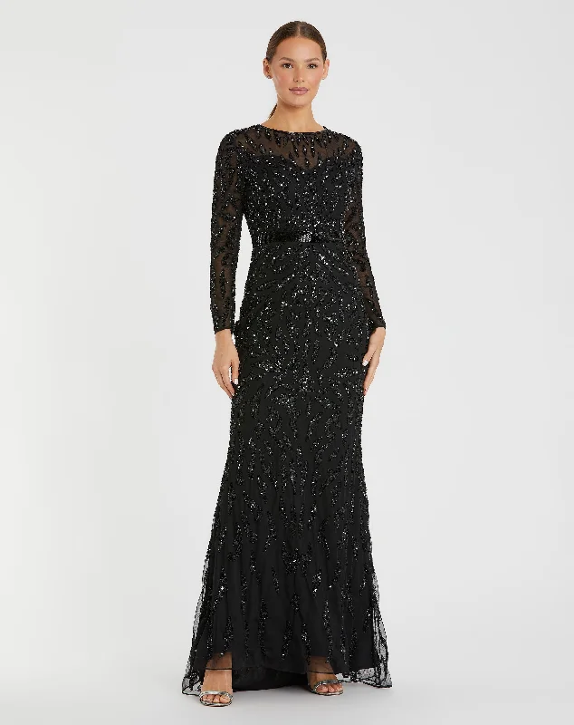 Maxi dresses with geometric - cutout sleeves and flowing chiffon fabrics for a modern and airy lookBlack Beaded Long Sleeve Evening Gown