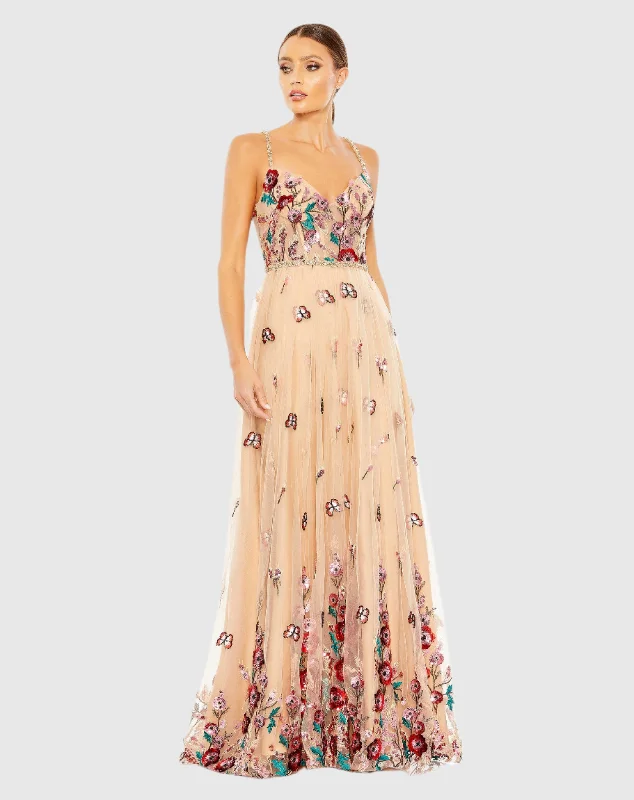 Wrap - style maxi dresses in linen for a comfortable and stylish vacationEmbellished Floral Detail A Line Gown