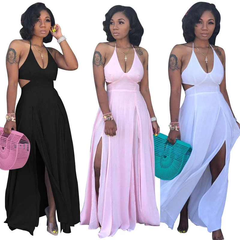 Maxi dresses with cold - shoulder cutouts and sheer panels for a sexy and stylish look90805-MX1 summer cool sexy halter design split maxi dress women