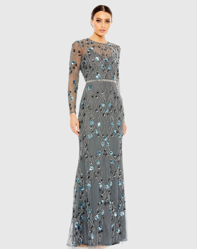 Maxi dresses with keyhole backs and embroidery along the hem for a flirty and detailed lookFloral Embellished Long Sleeve Gown