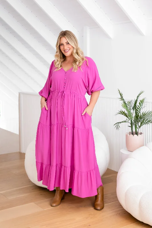 Maxi dresses with button - down skirts and ruched sleeves for a unique and stylish arm lookAddison Dress in Fuchsia Pink