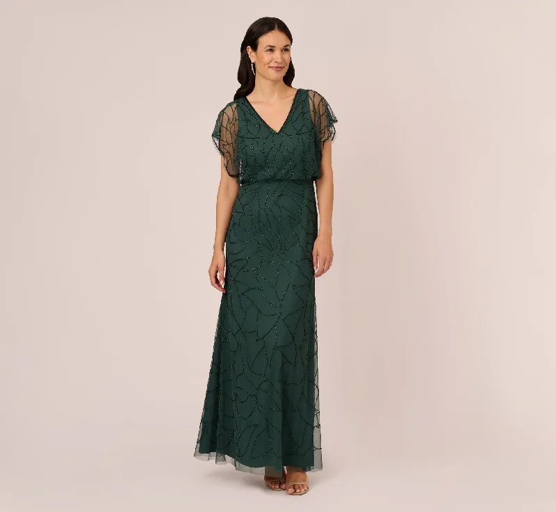 Maxi dresses with ruched bodices and puff sleeves for a vintage - inspired styleBeaded Blouson Mermaid Gown With Sheer Dolman Sleeves In Dusty Emerald