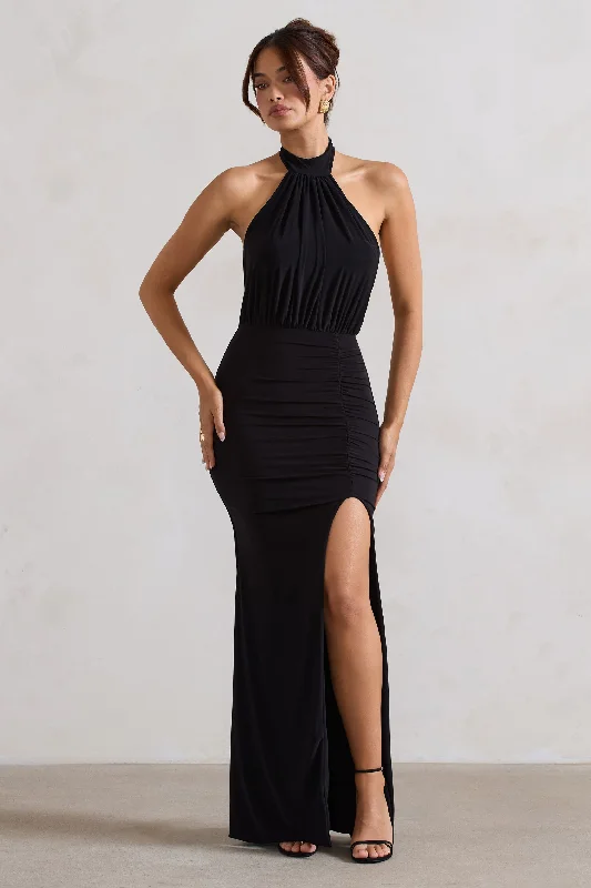 Maxi dresses with keyhole backs and embroidery along the hem for a flirty and detailed lookForever Dreaming | Black Backless Halter Neck Ruched Split Maxi Dress