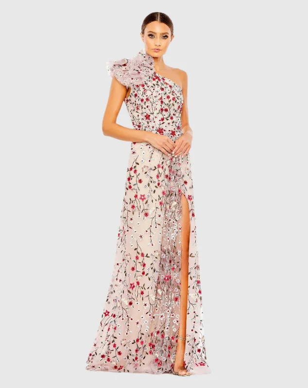 Maxi dresses with lace - up side panels and ruffled bodices for a feminine and detailed lookEmbellished Ruffled One Shoulder A Line Gown