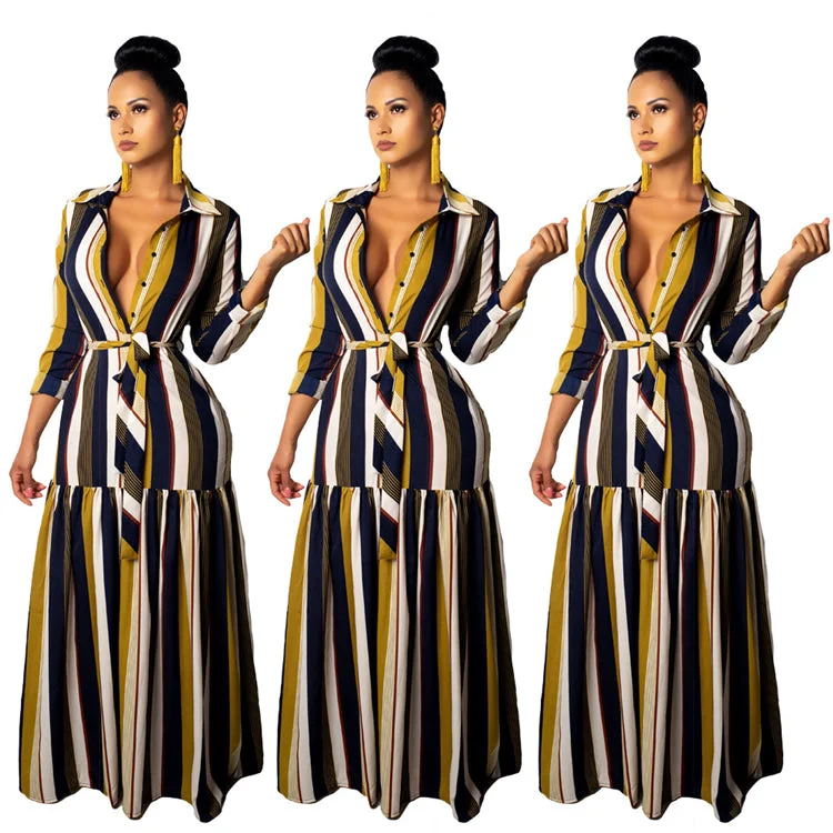 Maxi dresses with tiered ruffled sleeves and a-line silhouettes for a feminine and voluminous lookfashion stripe turn-down collar women long sleeve maxi dress bandage dresses 2020 New