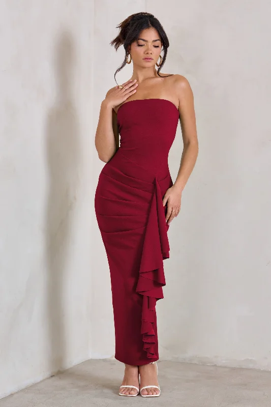 Maxi dresses with lace - up side panels and ruffled bodices for a feminine and detailed lookFleur | Berry Bandeau Ruffle Maxi Dress