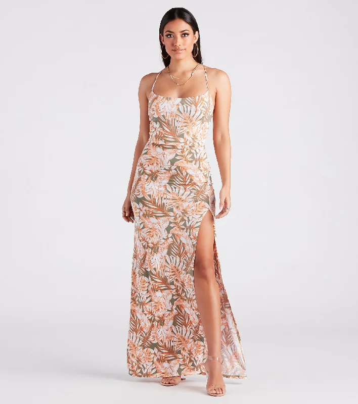 Maxi dresses with pleated skirts and metallic threads for a glamorous evening outGetaway Bound Tropical Cowl Neck Maxi Dress