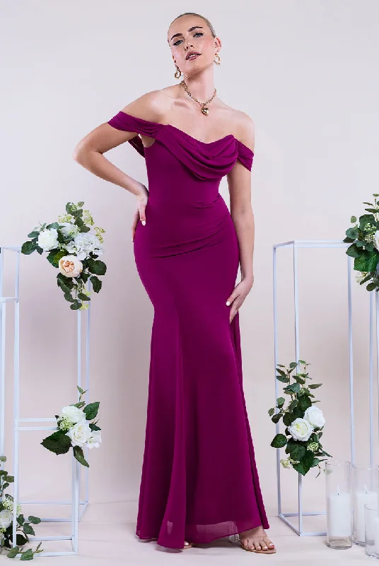 Maxi dresses with high - low hems and geometric prints for a modern partyGoddiva Chiffon Bardot Cowl Neck Maxi Dress - Magenta