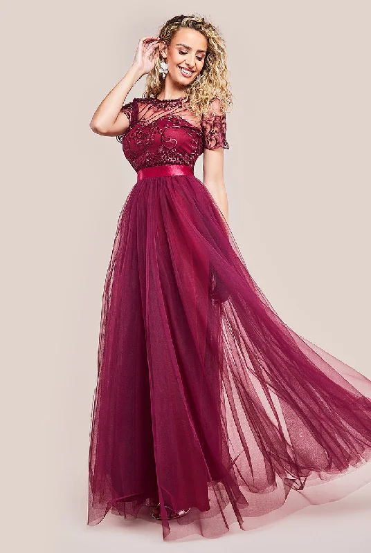 Maxi dresses with ruffled sleeves and bow accents for a sweet and charming lookGoddiva Embroidered Mesh Maxi Dress - Burgundy