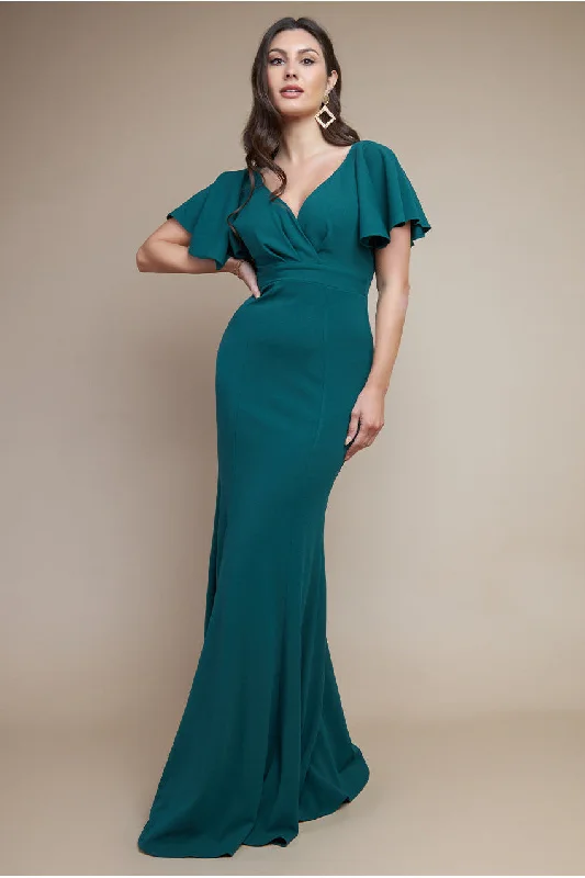 Maxi dresses with pleated skirts and metallic threads for a glamorous evening outGoddiva Flared Sleeve Front Wrap Maxi Dress - Emerald Green