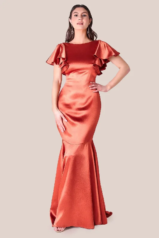 Maxi dresses with pom - pom trims and printed lining for a playful and festive lookGoddiva Satin Flutter Sleeve Mermaid Maxi - Burntorange