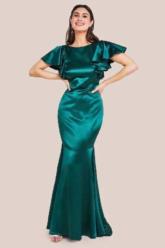 Maxi dresses with tassel - adorned belts and tiered skirts for a stylish and festive lookGoddiva Satin Flutter Sleeve Mermaid Maxi - Emerald