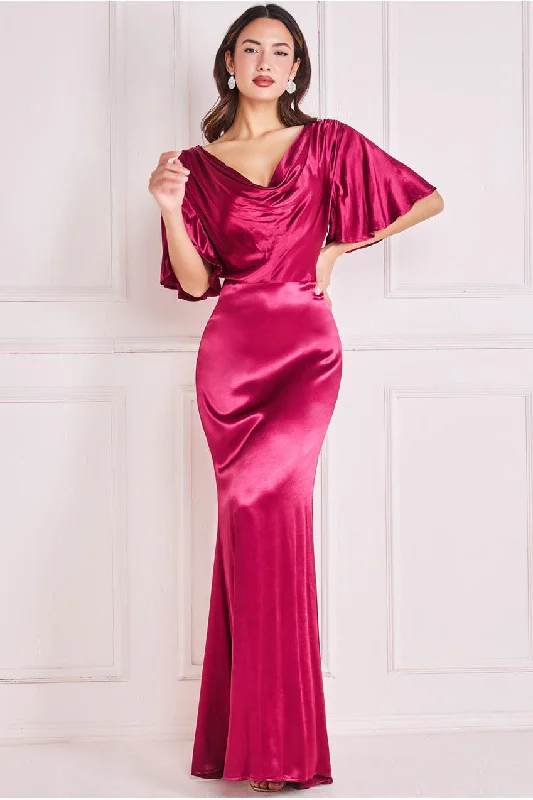 Maxi dresses with gathered bodices and wide - leg skirts for a comfortable and stylish silhouetteGoddiva Satin Viscose Cowl Neck Maxi With Train - Burgundy