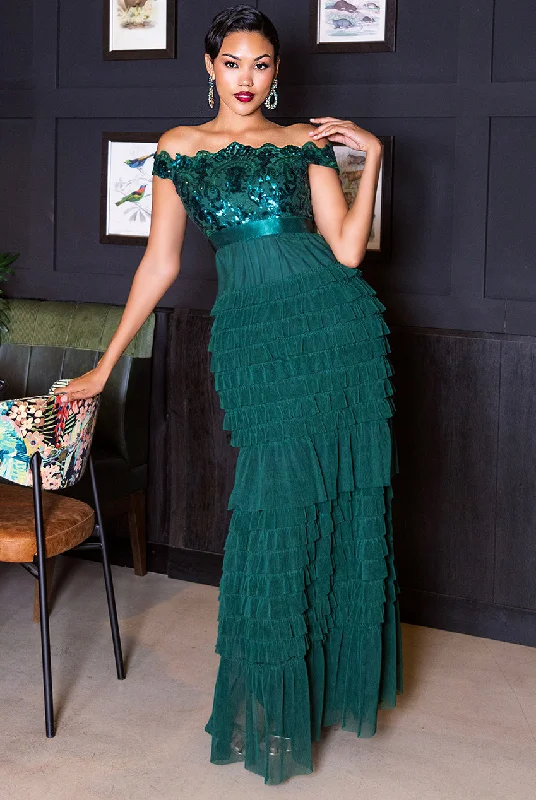 Maxi dresses with long sleeves and floral prints for a cozy autumn or spring outfitGoddiva Scallop Bardot Ruffle Mesh Maxi - Emerald Green