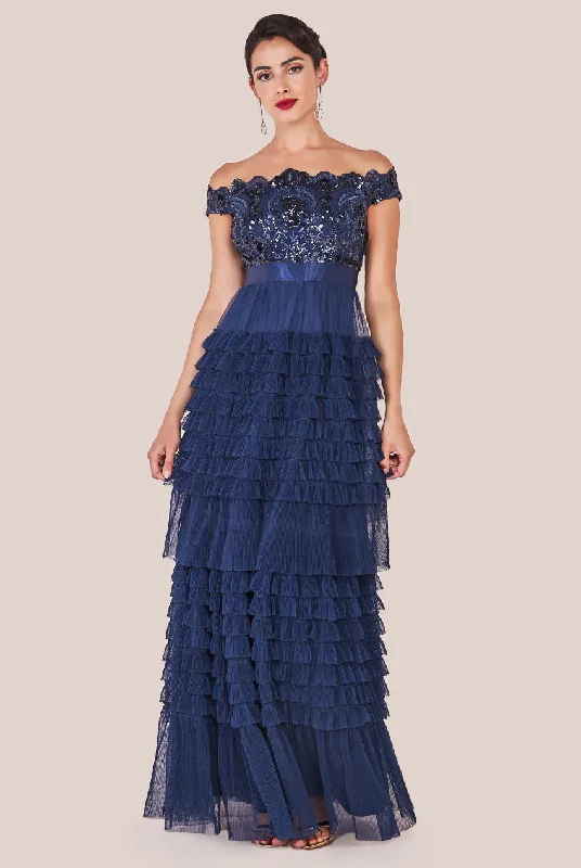 Maxi dresses with fringe details and tassel accents for a fun and energetic styleGoddiva Scallop Bardot Ruffle Mesh Maxi - Navy