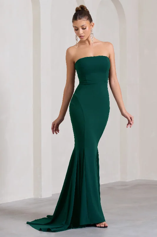 Sleeveless maxi dresses in silk for a sophisticated summer weddingImpress Me | Bottle Green Strapless Bandeau Fishtail Maxi Dress