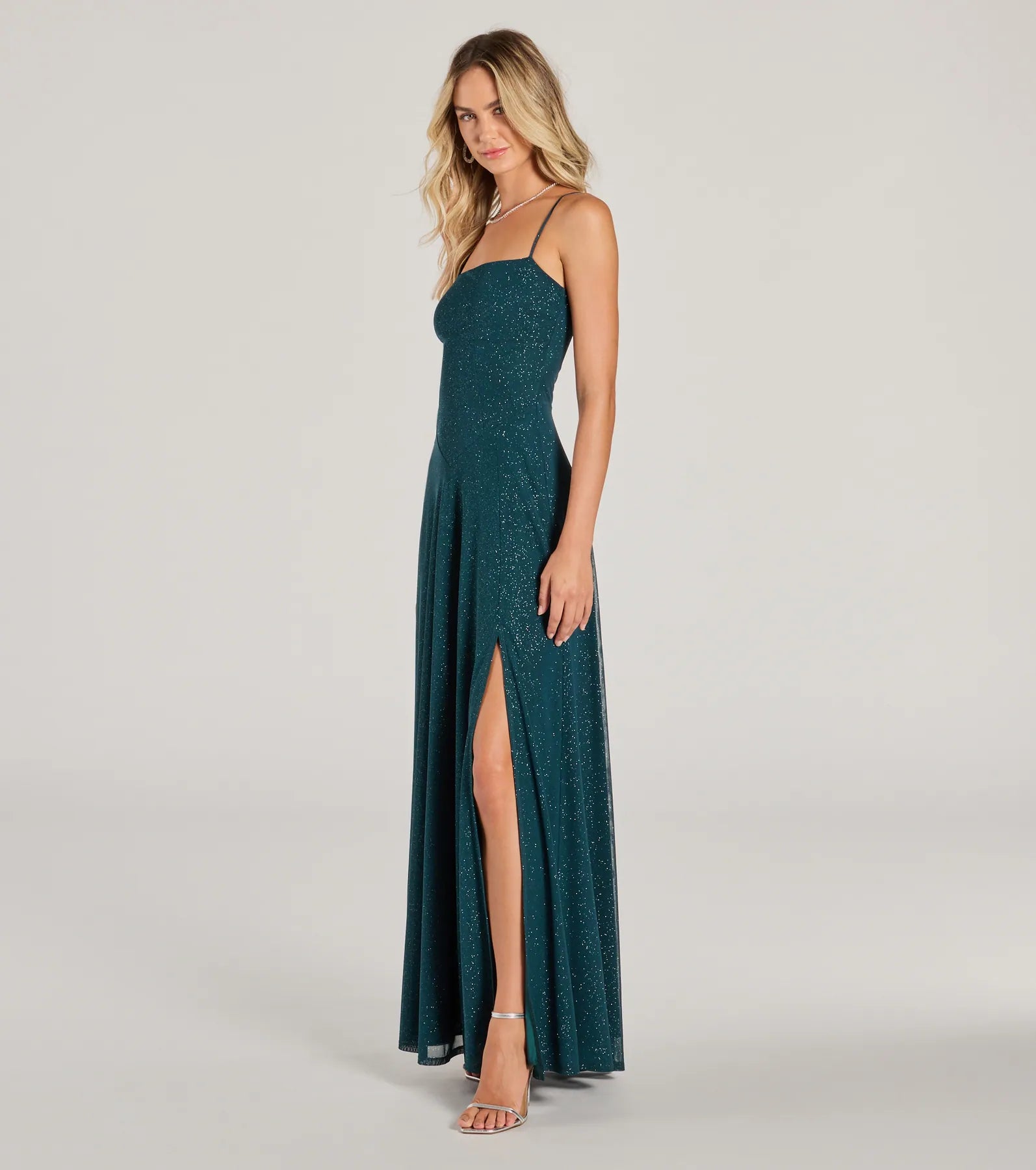 Maxi dresses with side slits and animal prints for a bold and confident appearanceMaizie Sleeveless Slit A-Line Glitter Formal Dress