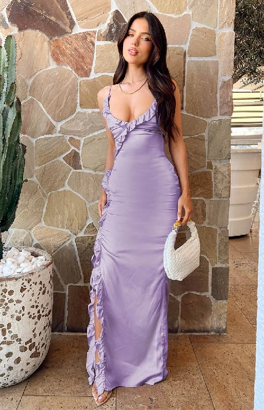 Maxi dresses with ruched bodices and puff sleeves for a vintage - inspired styleNahanee Lilac Satin Ruffle Maxi Dress