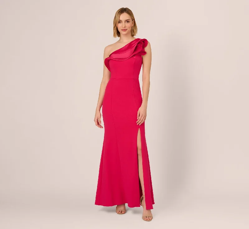 Maxi dresses with lace - up side panels and ruffled bodices for a feminine and detailed lookOne Shoulder Mermaid Gown With Ruffled Neckline In Pink Cherry