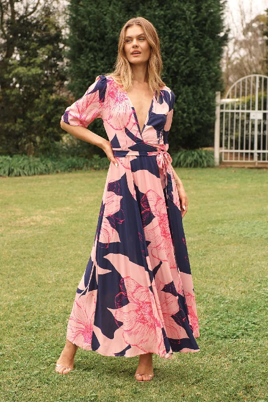 Maxi dresses with high - low hems and geometric prints for a modern partyRonda Maxi Wrap Dress In Navy With Blush Flower Print