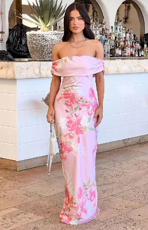 Maxi dresses with tassel - adorned belts and tiered skirts for a stylish and festive lookSeraphina Pink Floral Print Off The Shoulder Maxi Dress